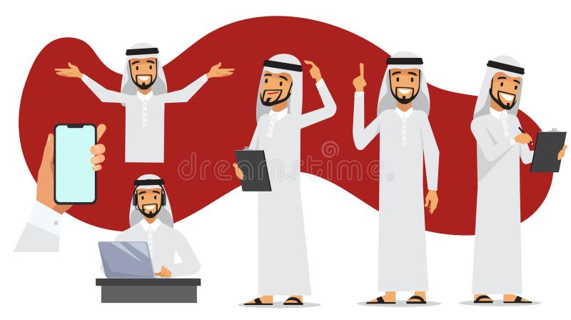 Arab man character, wearing traditional clothes, businessman, multiple poses, and doing multiple actions with front and 3 4 view and close up on his hand. Man hand up back view vectors