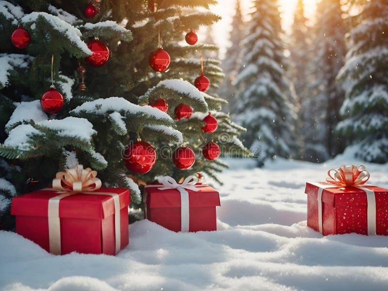 A decorated Christmas tree on snowy flakes with baubles and gifts in a bright day.