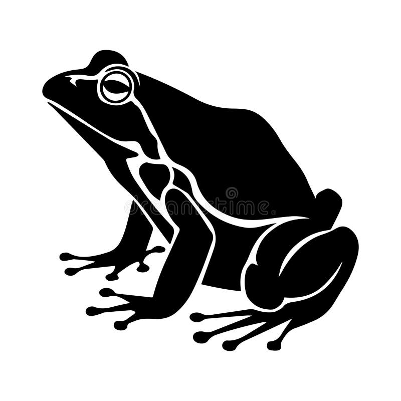 A bold black vector silhouette of a frog sitting in a side or three-quarter view,. A bold black vector silhouette of a frog sitting, side or three-quarter view, legs folded naturally, with visible toes and body contours, minimalistic flat design, clean edges, no details inside the shape, isolated on a pure white background, ideal for logo, sticker, or icon, centered composition, flat vector style less