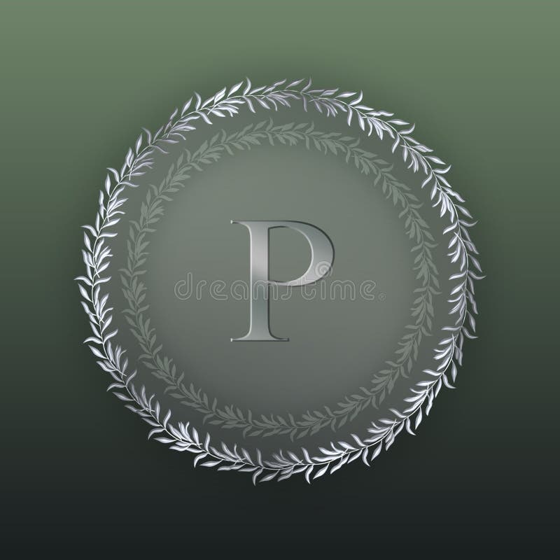 Letter "P" centered within an ornate circular frame. The frame features a ring composed of sparkling diamond-like stones in a pear shape, set against a dark gradient background. The stones are arranged in multiple layers, adding depth and luxury to the design. The contrast between the shimmer of the stones creates an elegant and luxurious appearance. Letter p pear illustrations