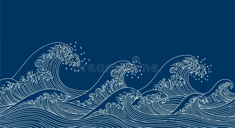 Stylized Ocean Waves in Japanese-Inspired Flat Vector Illustration stock images