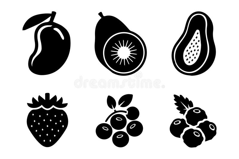 A flat black vector illustration of six tropical and berry fruits including mango, sliced kiwi, papaya, strawberry, ideal for food design, packaging, and healthy branding. Minimalist mango vectors