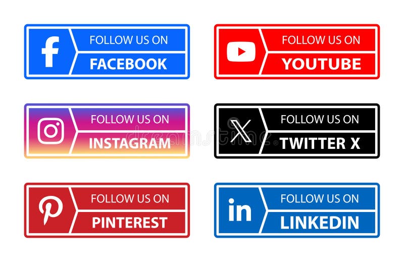 Vector illustration of follow us on social media icons set collection on isolated white background. Facebook Instagram Twitter LinkedIn YouTube Whats App pinterest and threads icons. Facebook logo follow vectors