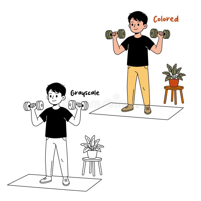 Colored and Grayscale Boy Doing Dumbbell Shoulder Press Exercise stock illustration