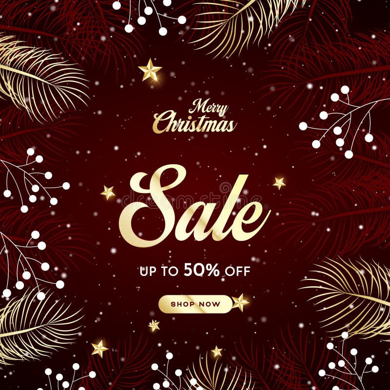 Merry Christmas sale promotion poster banner with product display and festive decoration light background. vector illustration