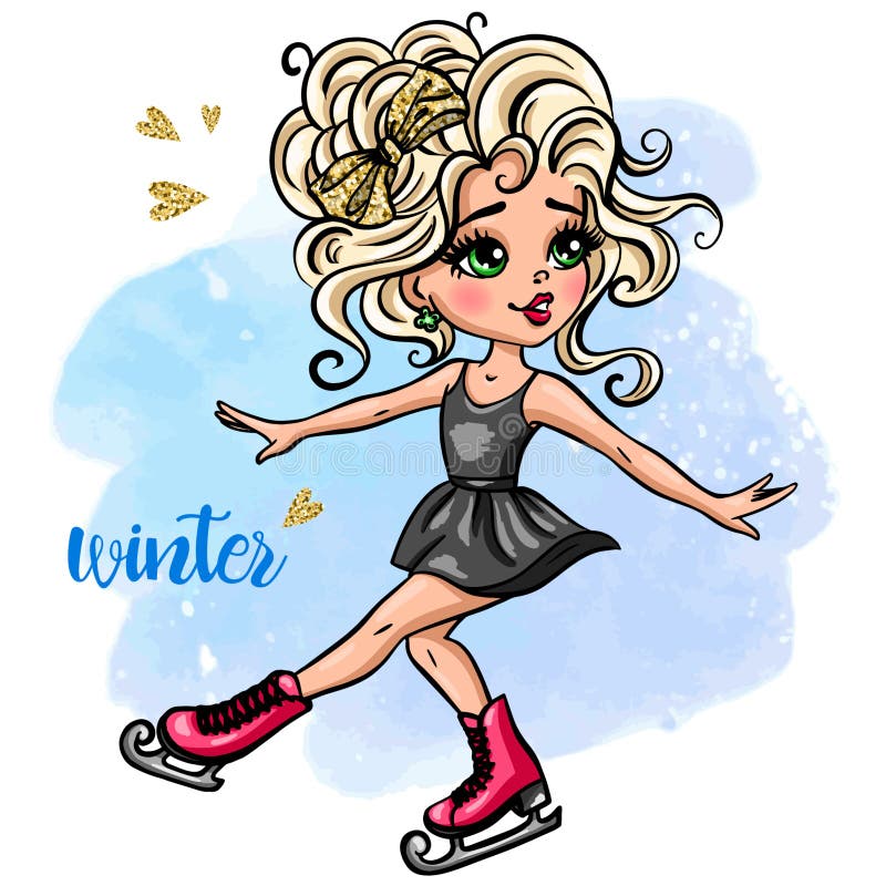 Hand drawn beautiful cute winter girl on ice skates. royalty free illustration