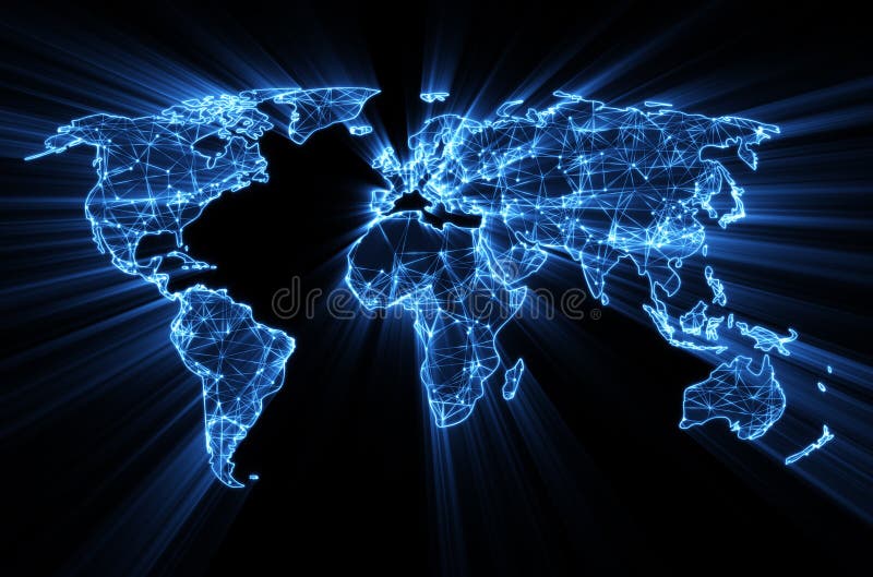 Web albastru strălucitor în lume pe harta mondială royalty free illustration