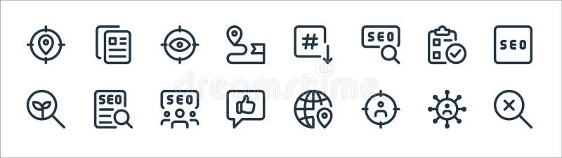 Web apps seo line icons. linear set. quality vector line set such as remove, user, social media, searching, clipboard, eye, down royalty free illustration