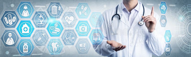 Young doctor raising index finger in caution and offering empty open palm of hand behind a virtual computer interface screen. Health care concept. Extra wide horizontal web banner with copy space. Young doctor raising index finger in caution and offering empty open palm of hand behind a virtual computer interface screen. Health care concept. Extra wide horizontal web banner with copy space