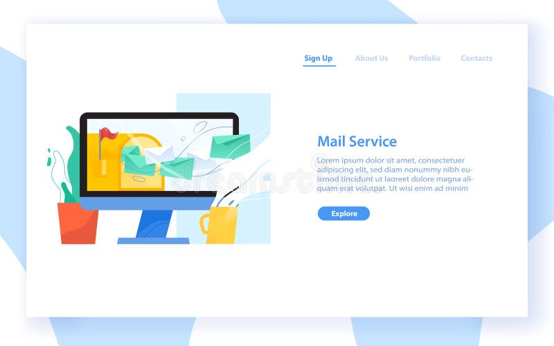 Web banner template with computer display, opened mailbox and letters in envelopes flying out of it. Email, mail or stock illustration