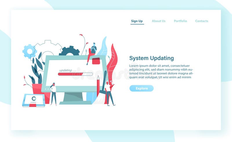Web banner template with giant computer display and tablet PC with progress bar on screen and tiny people. System update stock illustration