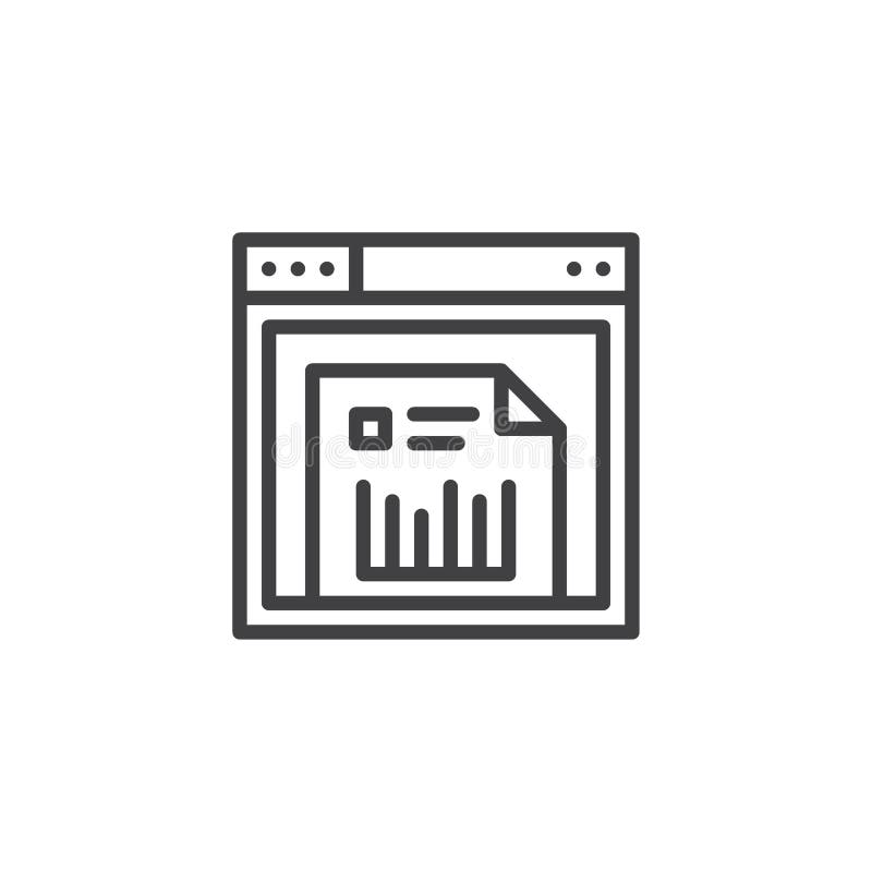 Web browser with online financial analytics document outline ico. Web browser document outline icon. linear style sign for mobile concept and web design. Online financial analytics document line vector icon. Symbol logo illustration. Pixel perfect vector graphics