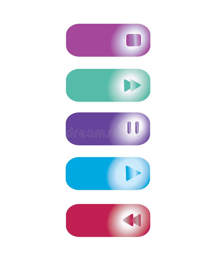 Web buttons set play stop back and forward in bright colors with vector illustration