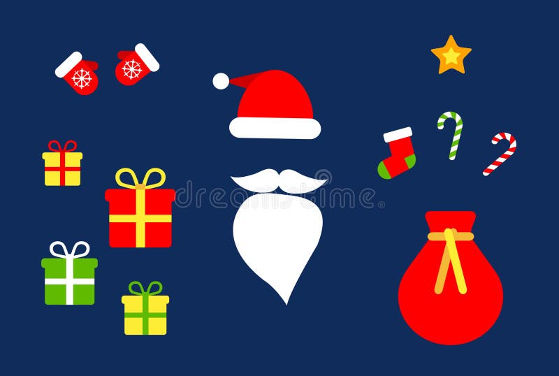 Web Christmas collection of 10+ flat images: Santa`s hat and beard, santa`s bag, gifts, candies, mittens, gold star. Vector royalty free illustration Web Christmas collection of 10+ flat images: Santa`s hat and beard, santa`s bag, gifts, candies, mittens, gold star. Vector royalty free illustration