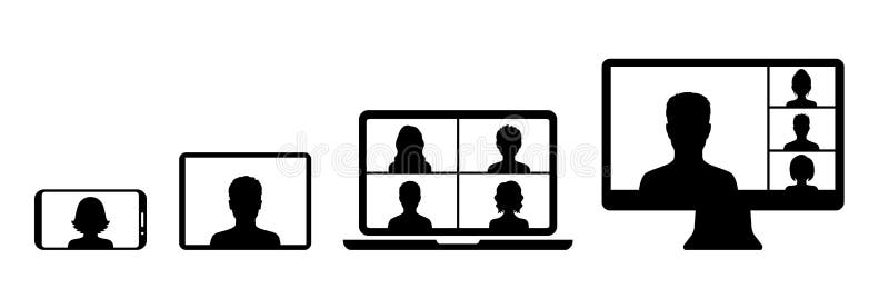 Web conference icon with people and different devices screen, business person having a video chat, digital communication, teaching