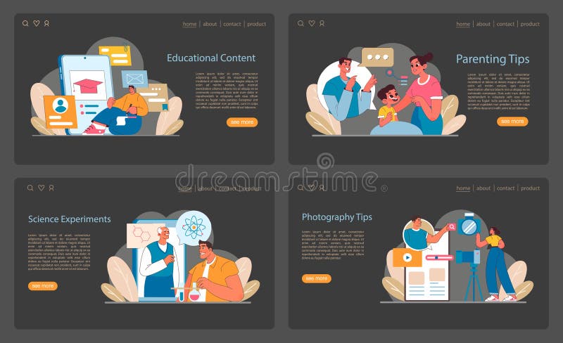 Web Content Creation set. Showcasing educational materials, parenting guides, science, and photography. vector illustration