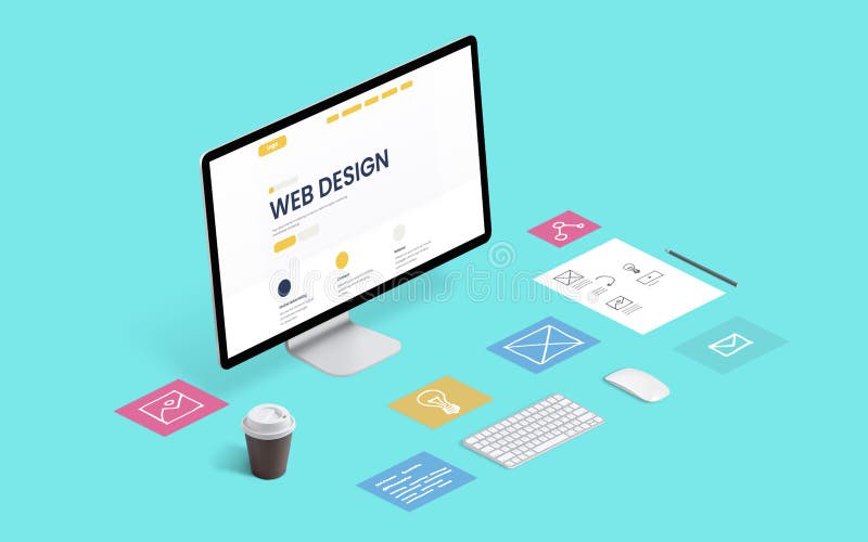 Web design company page layout isometric view computer desk royalty free illustration