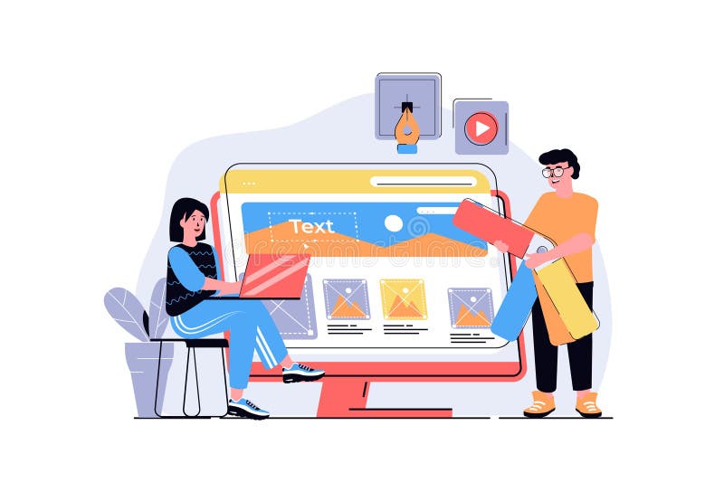Web design concept with cartoon people design. Man and woman programming and creating site layout with content royalty free illustration