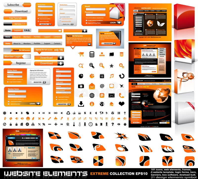 Web design prvky extrémní kolekce rámy, bary, 101 ikony, bannes, přihlašovací formuláře, tlačítka.