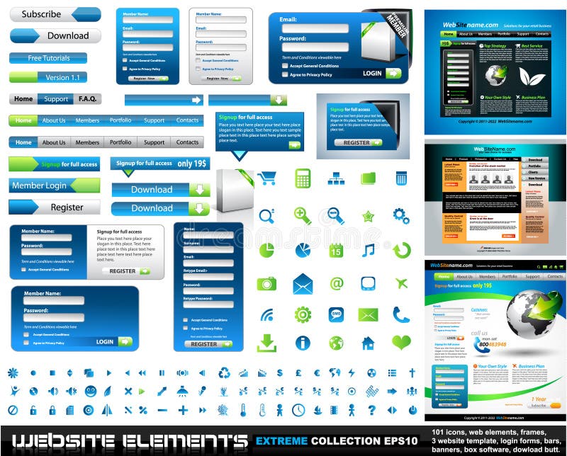 Web design prvky extrémní kolekce 3 webové šablony, rámy, bary, 101 ikony, bannes, přihlašovací formuláře, tlačítka.