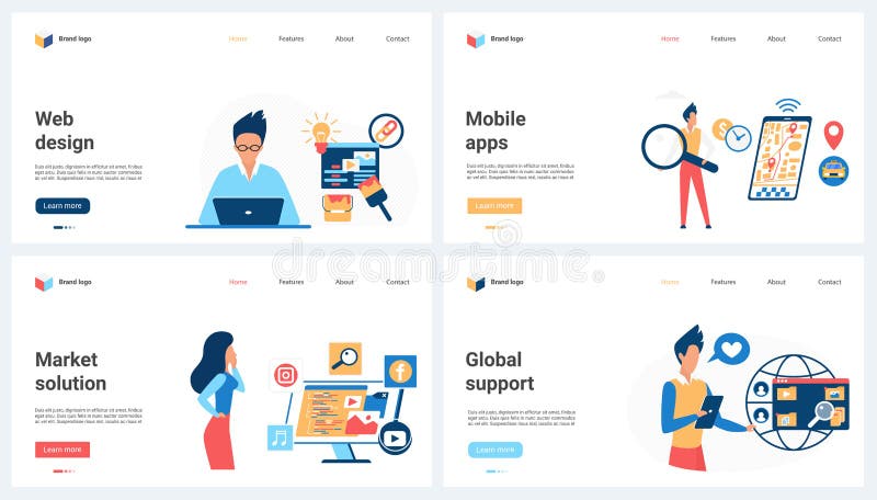 Web design, global mobile application support, market solutions set and tiny people vector illustration