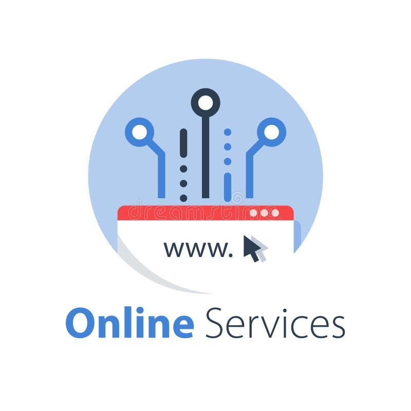 Web design, internet technology, software development, hosting services stock illustration