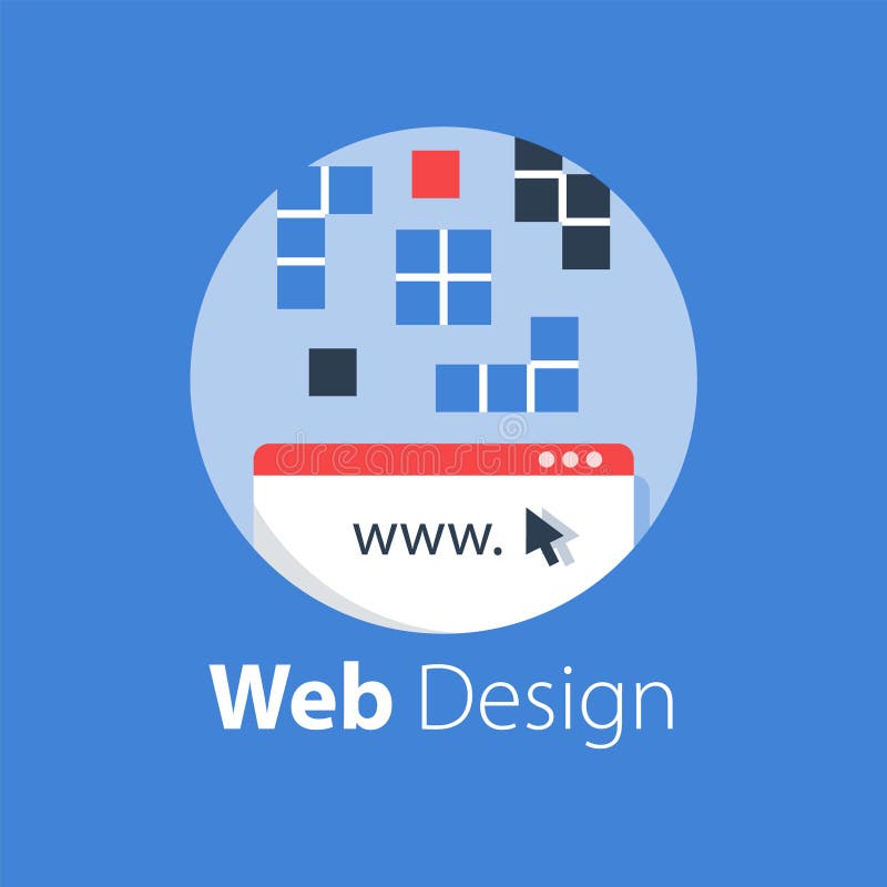 Web design, internet technology, software development, hosting services stock illustration