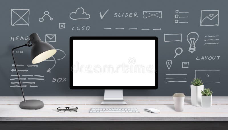 Web design studio computer display mockup. Display surrounded by web site sketched parts stock photos