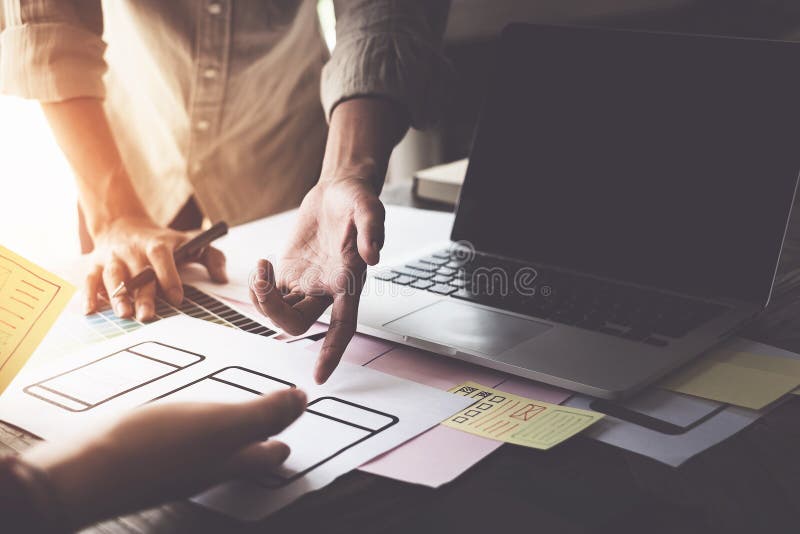 Web designers concept. Man brainstorming for ideas and sketching royalty free stock images