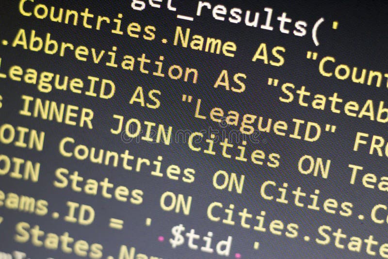Web developer PHP code close up. Macro shot of complicated SQL query to database. Abstract information technology modern background. Concept screen of experienced software developer. Source code script stock images, royalty-free photos and pictures