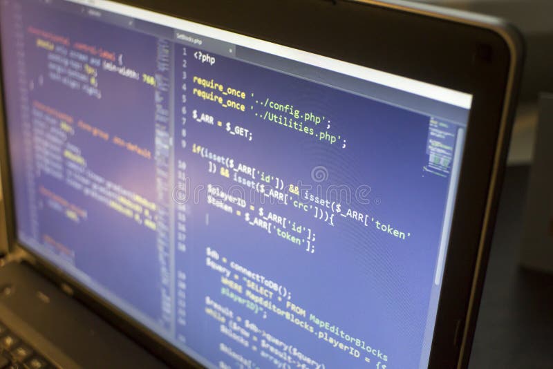 Web developer PHP and CSS3/LESS/SASS code close up. Database connecting code. Abstract information technology modern background. Concept screen of experienced web developer. Source code script stock images, royalty-free photos and pictures