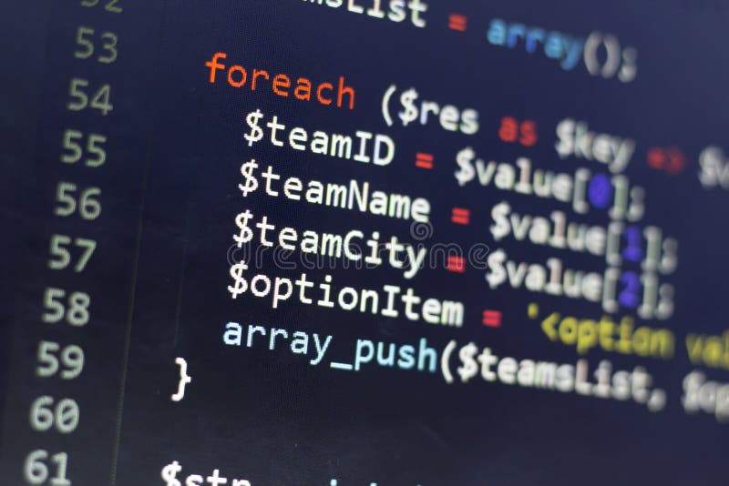 Web developer PHP and CSS3/LESS/SASS code close up. Database connecting code. Abstract information technology modern background. Concept screen of experienced web developer. Source code script stock images, royalty-free photos and pictures