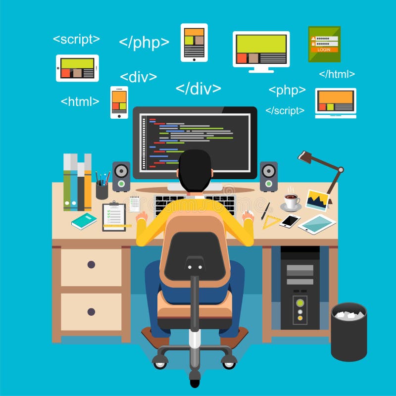 Web developer. Website development. Programmer working on computer royalty free illustration