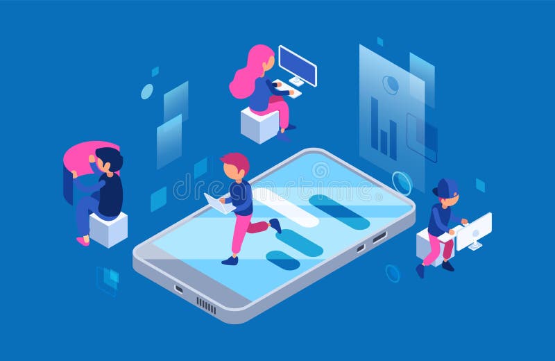 Web developers at work. Female and male IT workers with computers and smartphone vector concept royalty free illustration