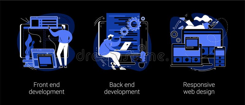 Web development agency abstract concept vector illustrations. Front and back end development, responsive web design, website interface, coding and programming, user experience dark mode metaphor.