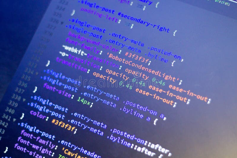 Web development code: CSS/LESS styles preprocessor script lines. Abstract screen of web developer.