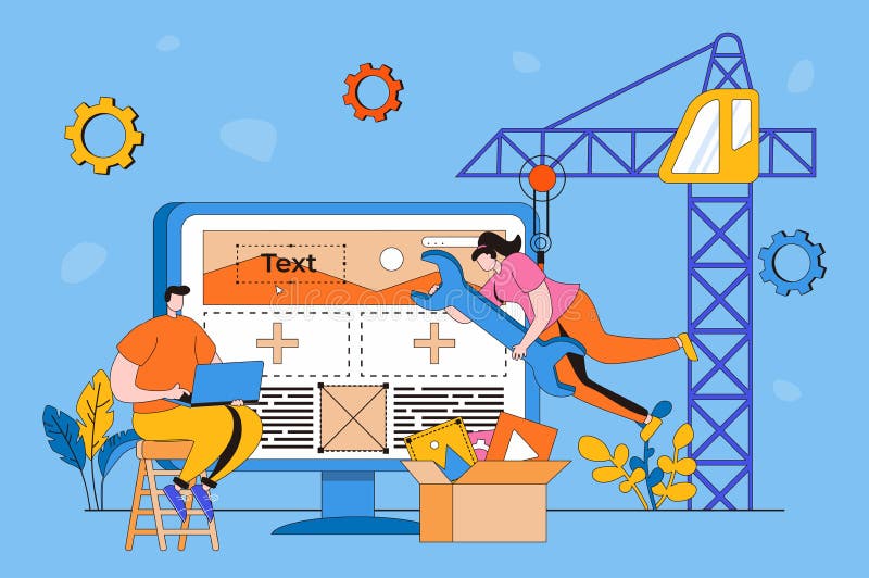 Web development web concept in flat 2d design. Vector illustration. Man and woman create wireframe of site, places blocks, programming, filling layout and making user interface. Vector illustration with people scene.