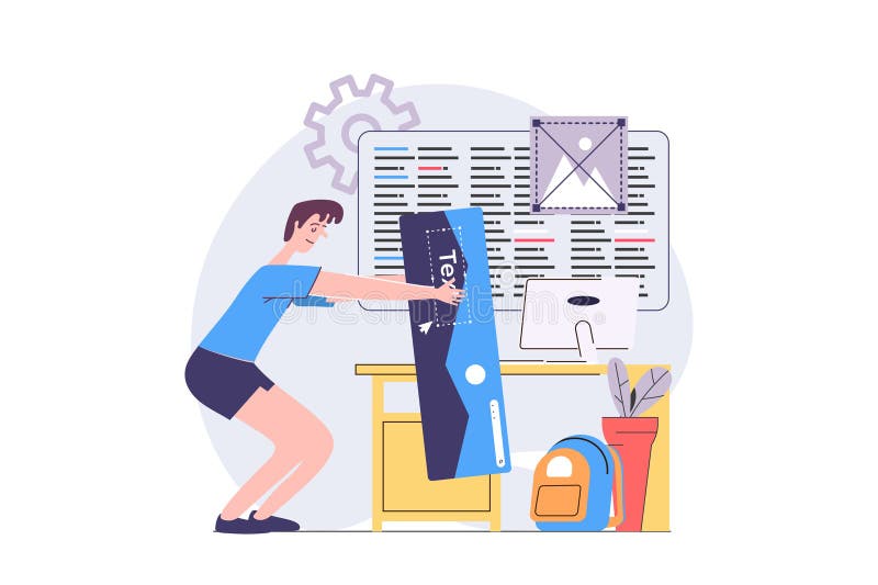 Web development concept in modern flat design for web. Developer creating and programming wireframe app interface stock illustration