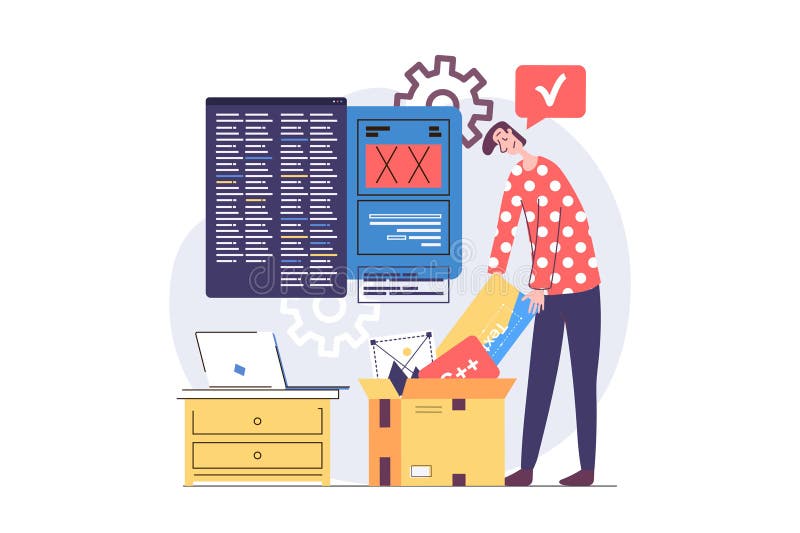 Web development concept in modern flat design for web. Man developing and programming layout interface on screens royalty free illustration