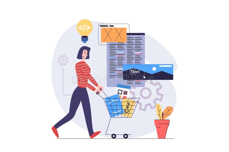 Web development concept in modern flat design for web. Woman developing and programming wireframe app interface vector illustration