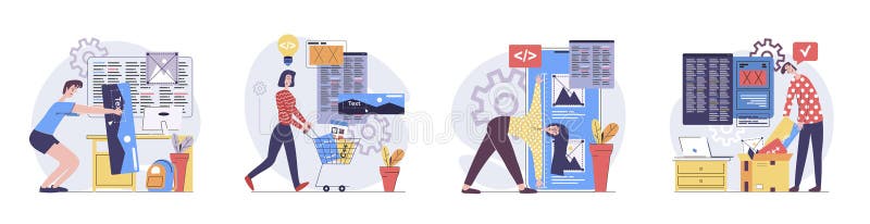 Web development concept with people scenes set in flat design. Collection of character situation with developers vector illustration