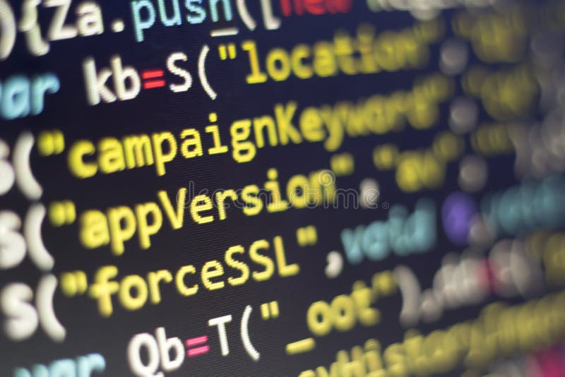 Web development javascript HTML5 code. Abstract information technology modern background. Network hacking. Lines of minificated JS code. Screen of web developer. Source code script stock images, royalty-free photos and pictures