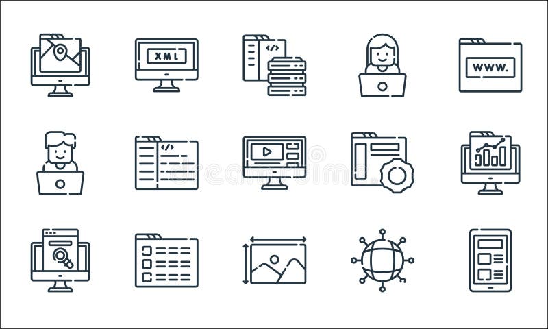 Web development line icons. linear set. quality vector line set such as web, image, search, networking, menu, developer, settings stock illustration