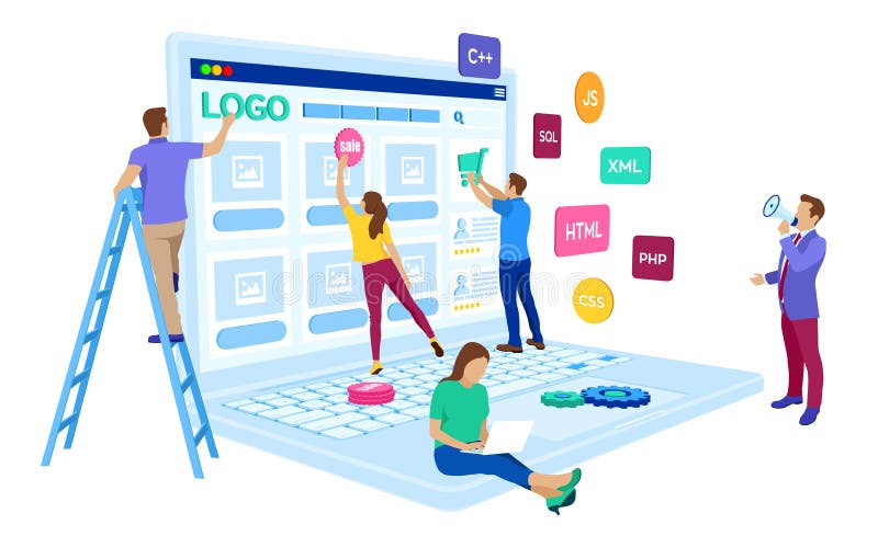 Web development. Project team of engineers for website create. Webpage building. UI UX design. Characters on a concept. Web agency vector illustration