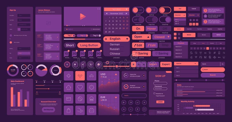 Web elements. Ui layout symbols interface icons dividers buttons frames navigation arrows user design kit garish vector stock illustration