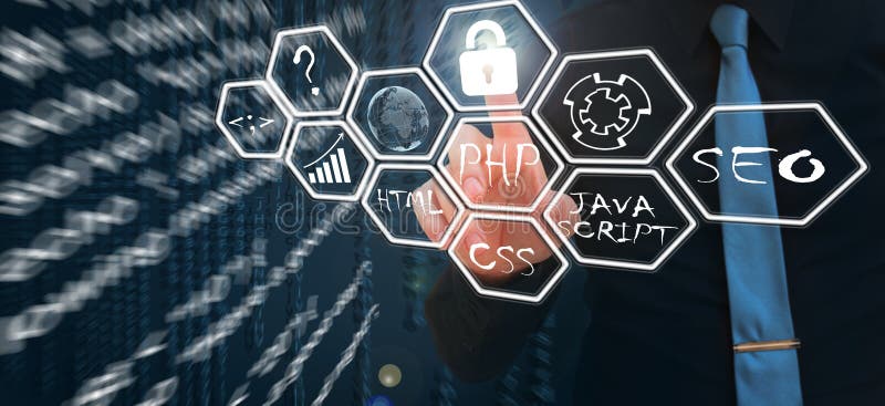 Web-Entwicklung bearbeitet Konzept auf virtuellem Schirm Programmiersprache und Skripte PHP, HTML, CSS, Java Script, SEO, prüfend lizenzfreies stockbild Web-Entwicklung bearbeitet Konzept auf virtuellem Schirm Programmiersprache und Skripte PHP, HTML, CSS, Java Script, SEO, prüfend lizenzfreies stockbild