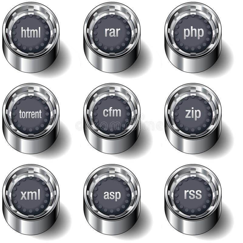 Full web file extension icon set on modern vector buttons, including rar, php, html, torrent, cfm, and xml. Full web file extension icon set on modern vector buttons, including rar, php, html, torrent, cfm, and xml.