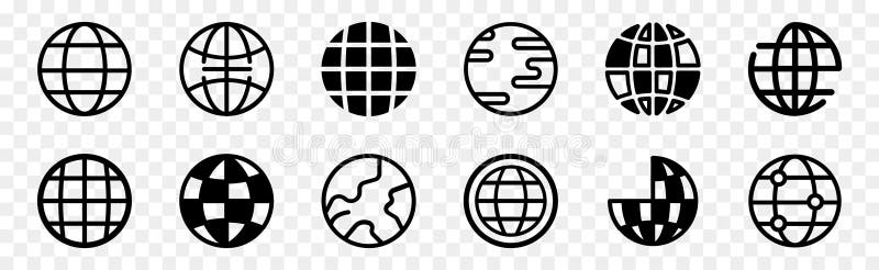 Web globe or planet icons in black. Internet, network symbols. World web signs or www earth globe icons. World globe line icons vector illustration