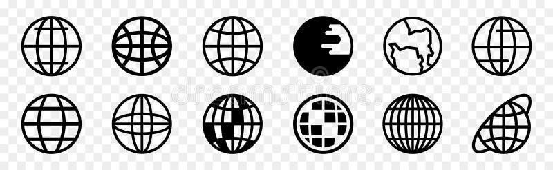 Web globe or planet icons in black. Internet, network symbols. World web signs or www earth globe icons. World globe line icons vector illustration