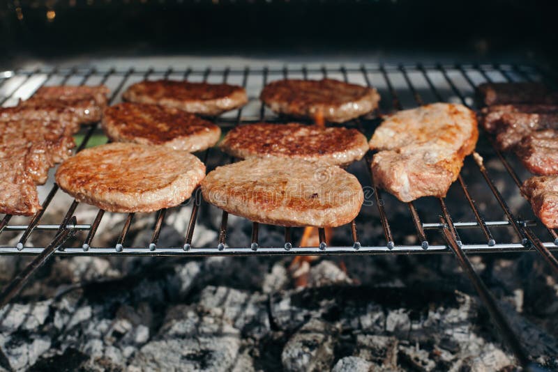 Grilling Meat and Hamburgers Stock Image Image of meat, steel 67360467